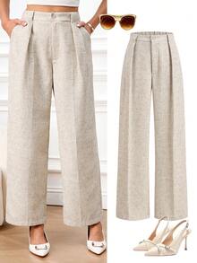 Ellevyn 女士休闲褶裥直筒裤，带口袋，适合通勤和日常穿着 - 杏色 - 查看 9