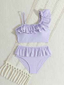 SHEIN 少女比基尼套装，蓝白条纹可爱荷叶边不对称肩带可调节荷叶边下摆三角泳衣两件套 - 紫色 - 查看 4