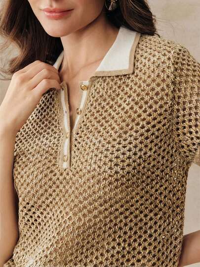 Anewsta Colorblock Linen Hollow Out Knit Polo Shirt For Women, Retro Collar Short Sleeve Top, Spring/Summer