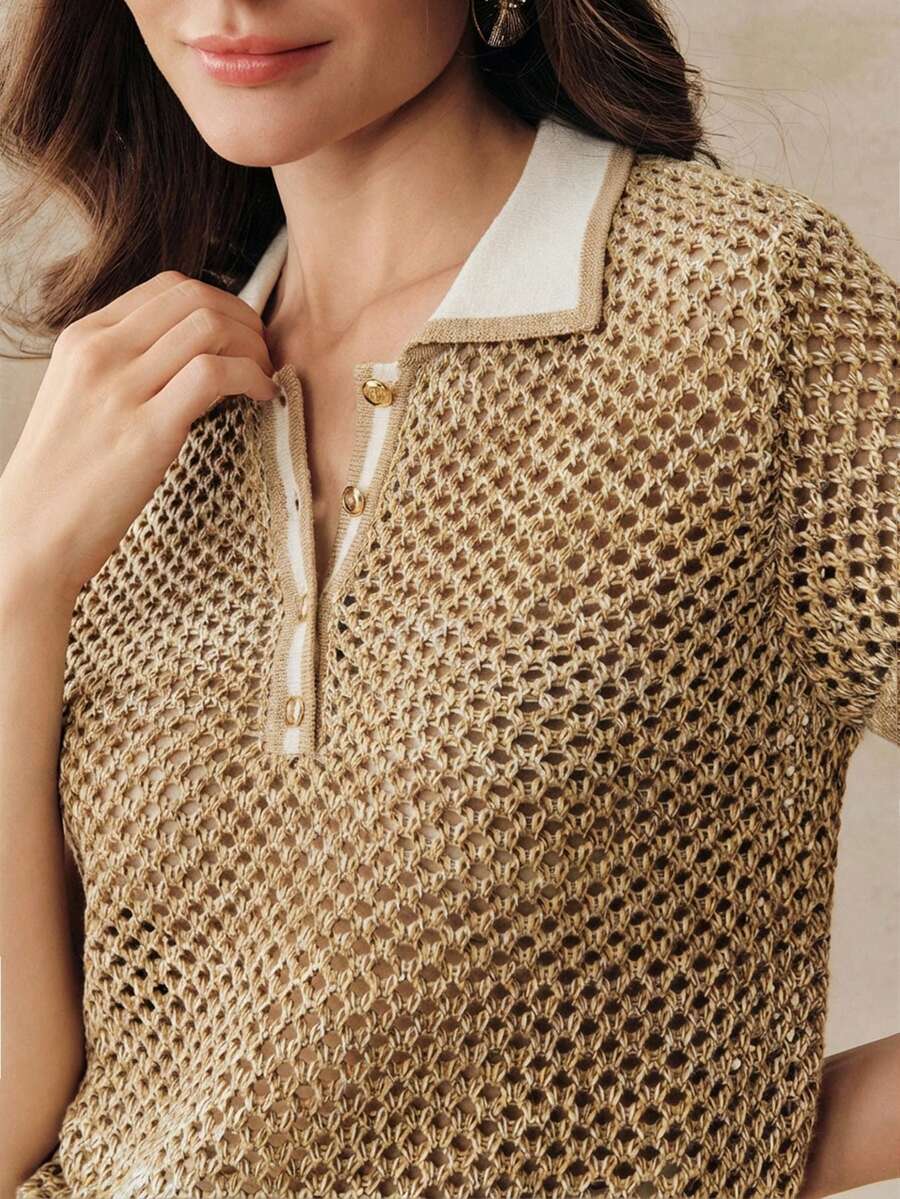 Anewsta Colorblock Linen Hollow Out Knit Polo Shirt For Women, Retro Collar Short Sleeve Top, Spring/Summer - Khaki - View 1