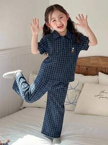 Dazy Kids Girls' Plaid Embroidered Long Sleeve Top And Pants Loungewear Set, Fall - Navy Blue - View 6