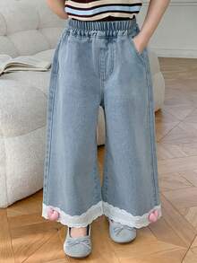 DAZY Flickor (Small) Blommiga Patchwork Kontrastfärgade Raka Ben Casual Jeans - Blå - Visa 1