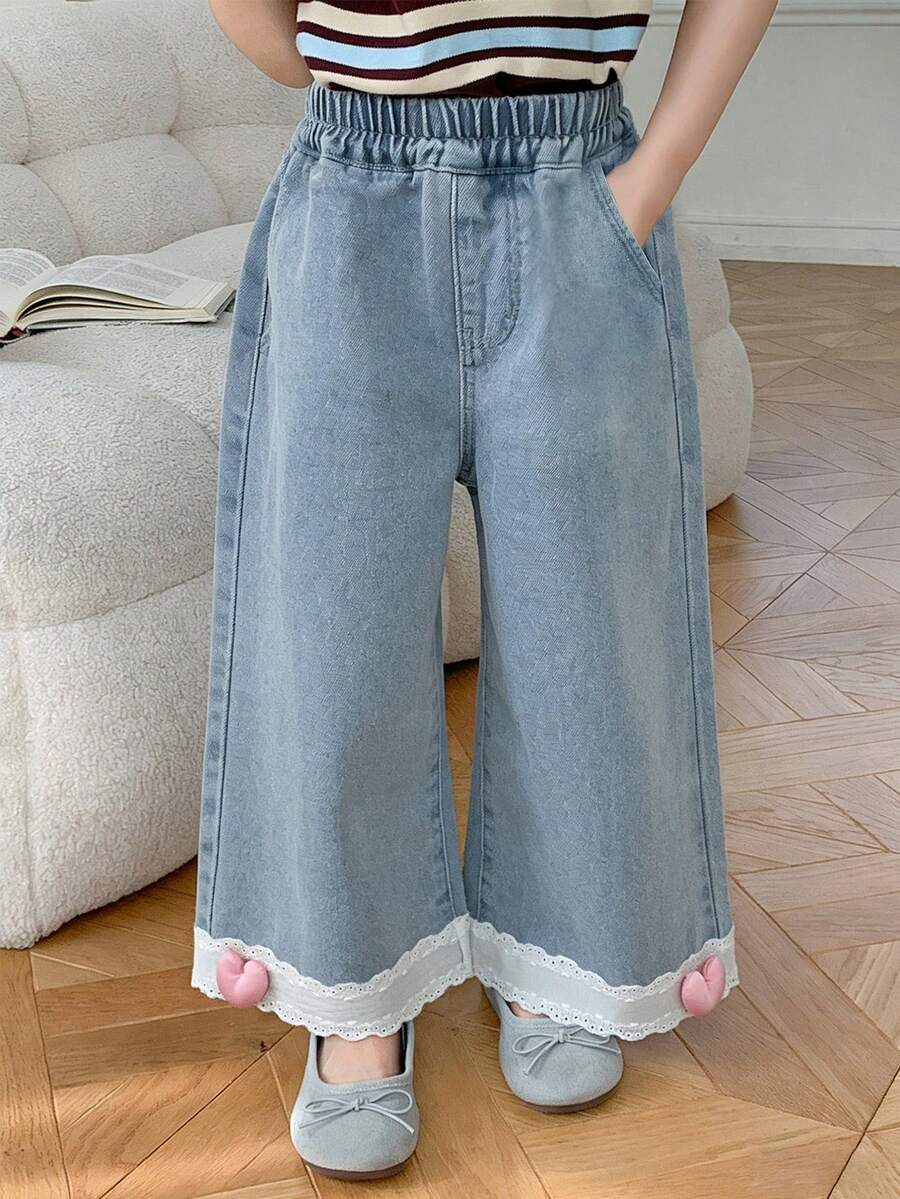DAZY Flickor (Small) Blommiga Patchwork Kontrastfärgade Raka Ben Casual Jeans - Blå - Visa 1