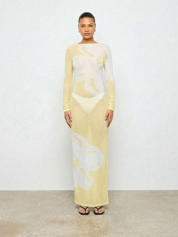 Long Sleeve Mesh Maxi Dress With Open Back