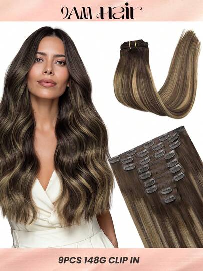 100% Real Human Hair 9PCS Straight Clip In Hair Extensions 148G 14-24 Inch Chocolate Brown To Honey Blonde Color Double Weft Invisible Clip Hair Extensions Remy Natural Human Hair For Women Girls Daily Use