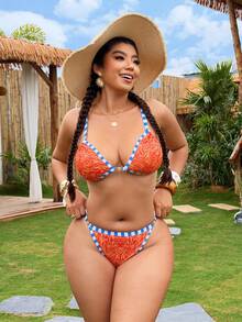 Swim Vcay Neuer Sommer Strand Urlaub Orange Totem Muster Kontrastfarbe Modisch Sexy Große Größen Damen Bademode Set, Damen Strand Outfits Urlaubs Outfits Damen Bikini Set Badeanzug für Damen Set - Verschiedenfarbig - Übersicht 5