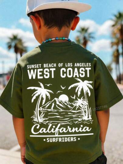SHEIN Young Boy's Casual Short Sleeve T-Shirt, Suitable For Summer, Classic Stylish Back Graphic Print, Iconic Palm Tree & Beach Scene Print, Ideal For Vacation