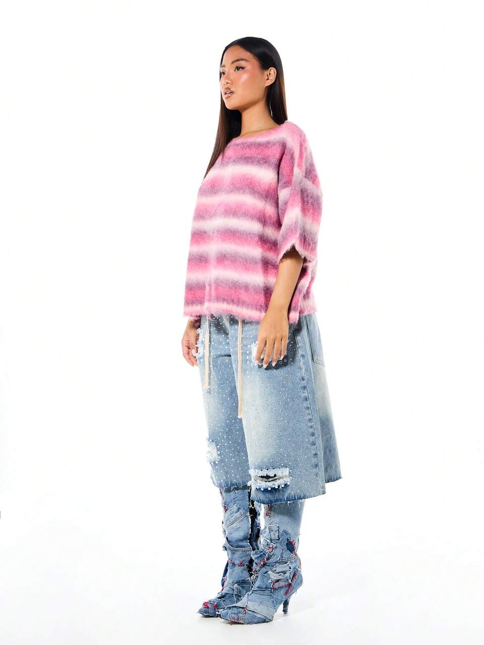 SUMWON Women's Tie Dye Striped Knit Sweater With Three Quarter Sleeves And Crew Neck Design Cozy Winter Fall Pullover