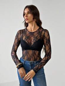 SHEIN Tall Body de encaje transparente, sin sujetador incluido - Negro - Ver 4