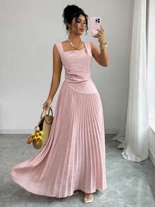 GlowEve Women's Elegant Vacation Flowy Draped Neck Ruched Waist A-Line Dress, Spring/Summer - Pink - View 6