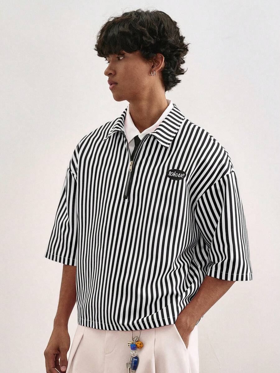 TOKVUE TOKUVE 男士休闲 Polo 衫,年轻时尚的拉链门襟 Polo 衫,简约休闲条纹面料,日常穿着,灵感源自 ,短袖 Polo 衫,适合音乐节、度假和日常穿搭,男士休闲衬衫,居家休闲,度假文化,个性化定制,送给丈夫或男友的礼物 - 黑色 - 查看 1