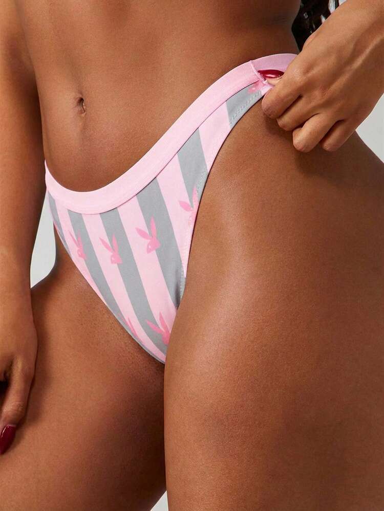 Missguided x Playboy Logo Striped Cheeky Thong Underwear For Women Bunny Print Pink Grey Intimate Lingerie