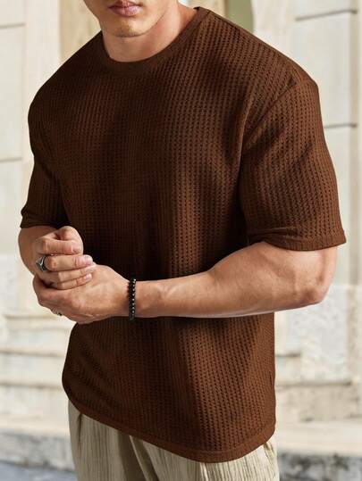 EASEVO Camiseta casual de cuello redondo de manga corta de unicolor y textura de gofre para hombres de talla grande