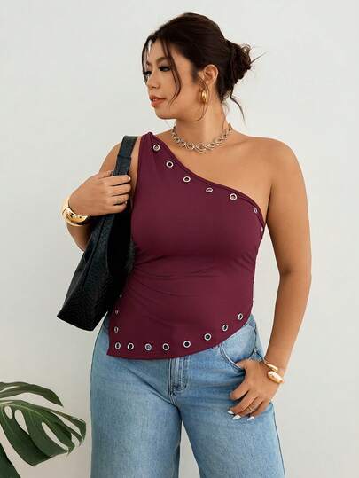 Lounesse Plus Size Women's Asymmetric Shoulder Fashion Loose Blouse, Burgundy