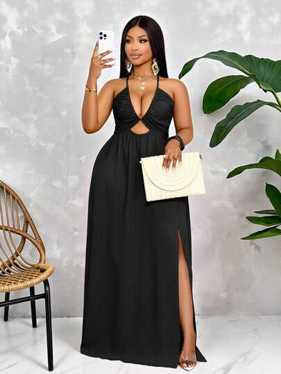SOLERSUN Women Plus Size Spring Summer Solid Color Elegant Holiday Crisscross Tie Backless Halter Swing Dress Maxi Women Outfit