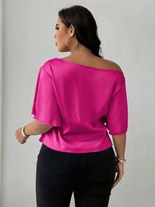 Maweii Áo sơ mi satin ngắn tay cổ lệch bèo gợi cảm dành cho nữ cỡ lớn, kiểu dáng thanh lịch, thoải mái, màu mơ nhạt, thích hợp cho mùa xuân/hè đi làm hoặc đi nghỉ mát. - Màu Hồng Tươi - Xem 2