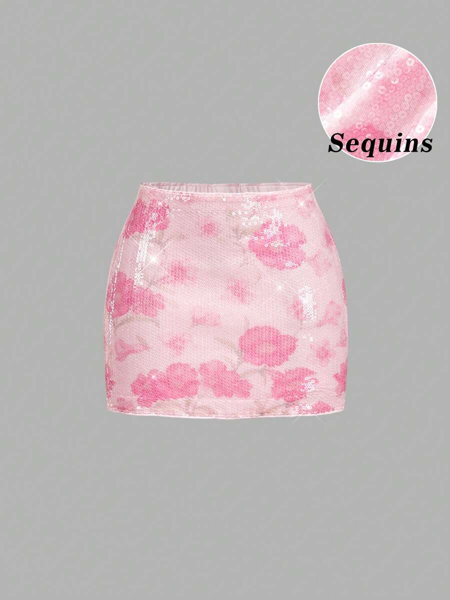 SHEIN MOD 女士时尚派对亮片迷你裙 - 粉色 - 查看 1