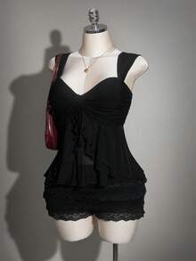 SHEIN ICON 大码女式纯色扭结前襟背心 - 黑色 - 查看 5