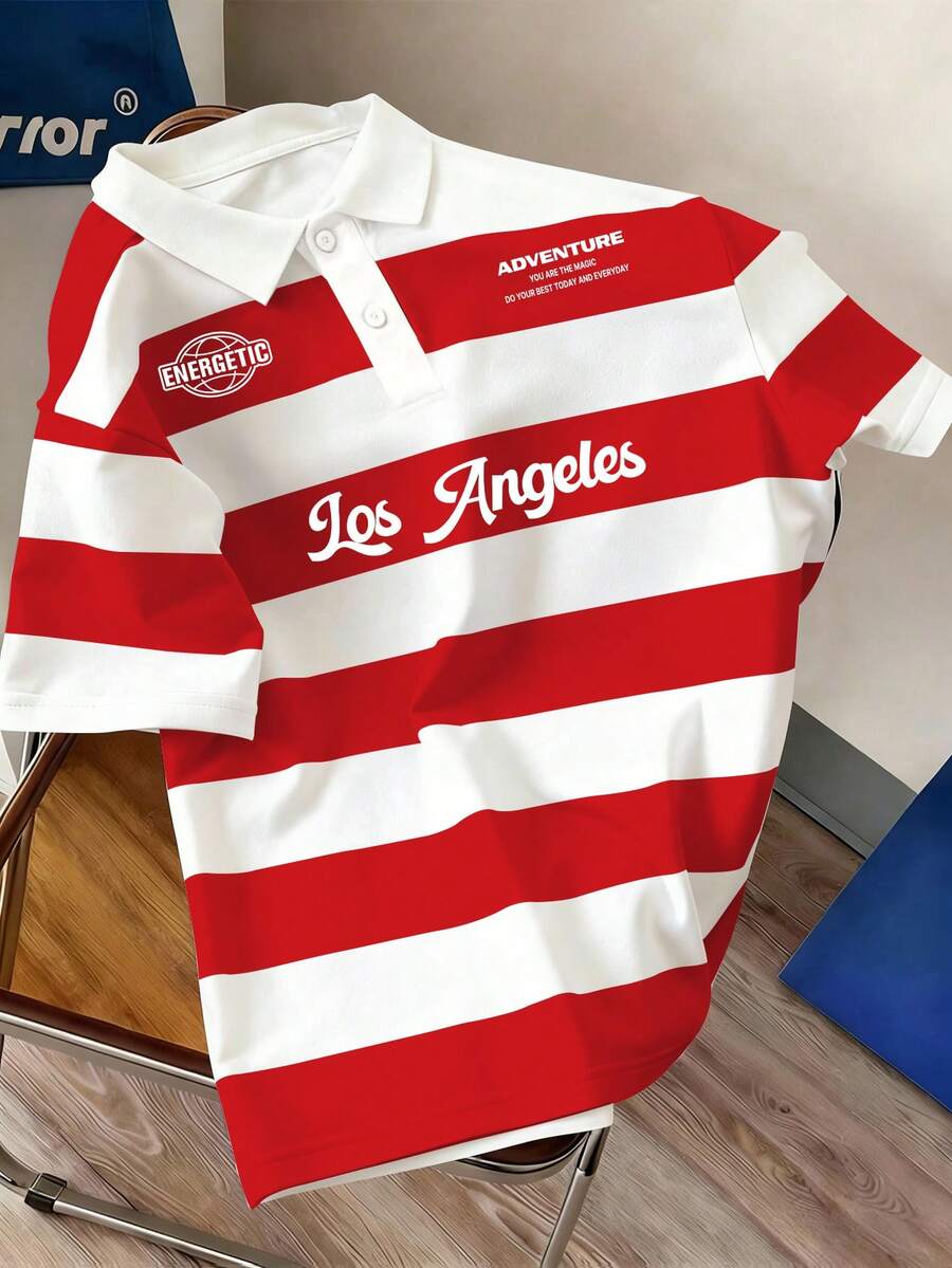 Manfinity Joysei Men's Striped & Letter Print Short Sleeve Polo Shirt - Red and White - View 1