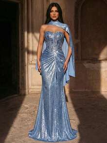 Glamrae 优雅蓝色奢华3D串珠刺绣抹胸美人鱼扭结裹身修身鱼尾连衣裙，适合约会、度假、单身派对、婚礼、女士晚礼服 - 藍色 - 查看 4