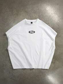 Manfinity ZONE917 宽松短款做旧荆棘花环“耶稣是我的王”印花白色露脐背心 - 白色 - 查看 4