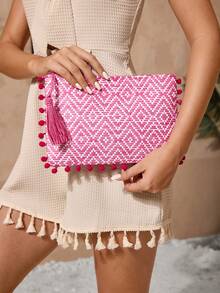 SHECARRY Women's Versatile Bohemian Casual Vacation Beach Diamond Pattern Fuchsia Tassel Pompom Clutch Bag, Prom Bag For Party - Burgundy - View 5