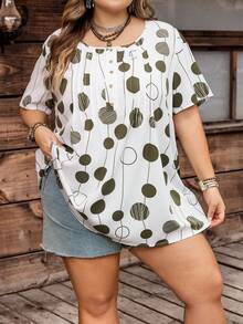 SHEIN CURVE+ Taille courbe US22 Femmes d'été Chemise à col rond à manches courtes imprimée de pois pour festival de musique, vacances au bord de , style bohème - Multicolore - Voir 7