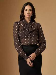 Briarwyn Blusa elegante vintage con cuello de corbata y lunares - Café integral - Ver 4