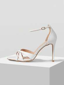 Mnmlis Giày sandal cao gót mũi vuông màu trắng thời trang dành cho nữ - Sandal cao gót nhọn màu trắng - Giày cao gót hở mũi quai chéo - Sandal cao gót nhọn có khóa cài, phù hợp cho công sở và tiệc tùng, sandal cao gót nữ - Giày cao gót trắng cho phù dâu - Sandal cao gót nhọn mùa hè - trắng - Xem 1