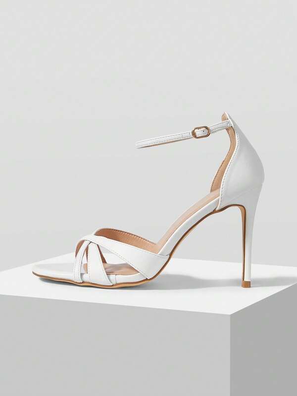Mnmlis White Cross-Strapped Stiletto Sandals, Open-Toed Buckle Heels, Commuter Dating Versatile Shoes