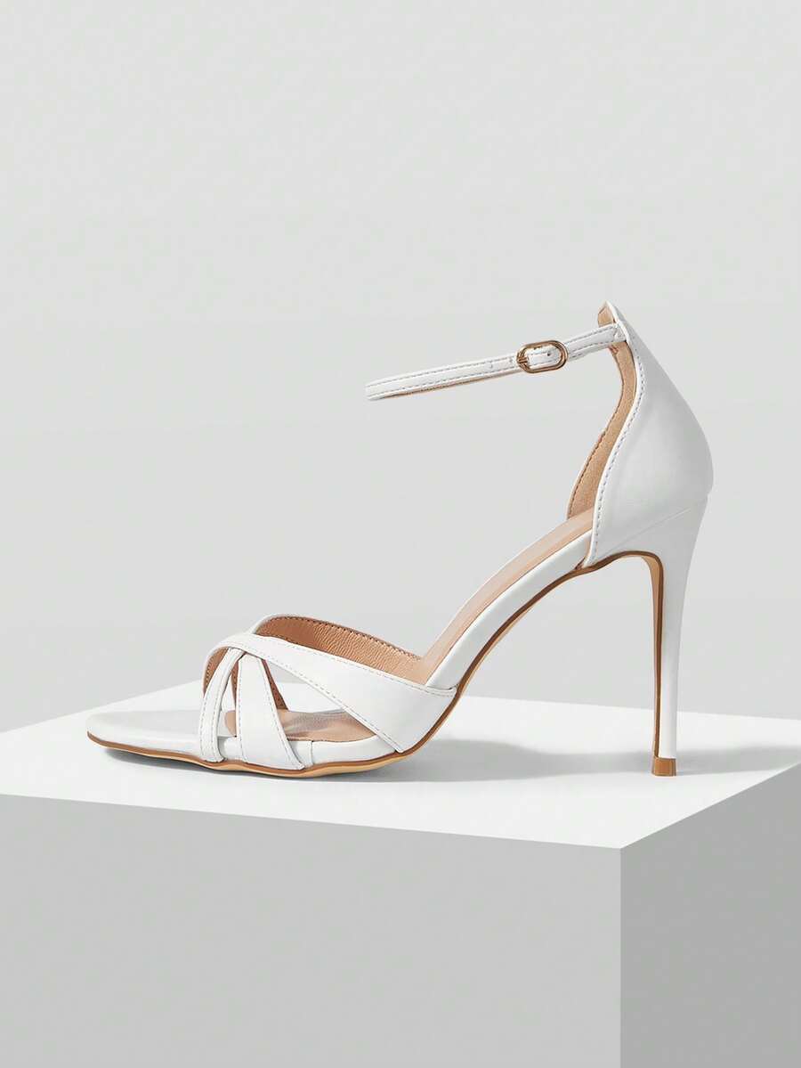 Mnmlis Giày sandal cao gót mũi vuông màu trắng thời trang dành cho nữ - Sandal cao gót nhọn màu trắng - Giày cao gót hở mũi quai chéo - Sandal cao gót nhọn có khóa cài, phù hợp cho công sở và tiệc tùng, sandal cao gót nữ - Giày cao gót trắng cho phù dâu - Sandal cao gót nhọn mùa hè - trắng - Xem 1