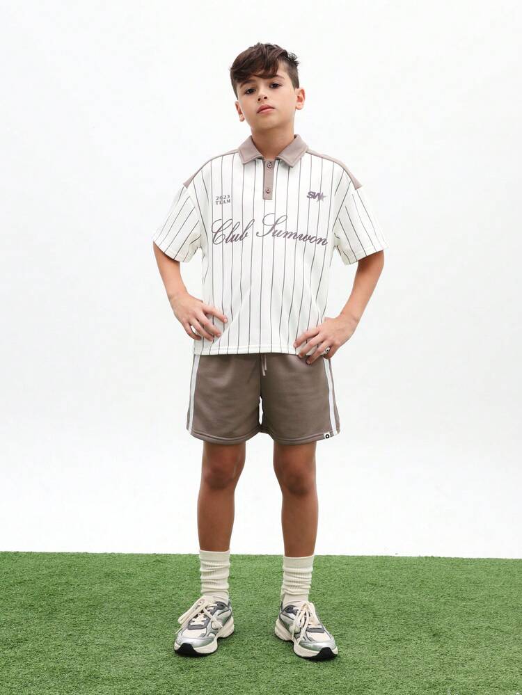 Tween Boys Vertical Striped Polo Shirt And Shorts Two Piece Co-Ord Set With Contrast Collar Club Text Casual Summer Outfit , World Cup