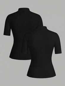 SHEIN EZwear 2件套女士高领修身长袖打底T恤套装，黑色 - 黑色 - 查看 2