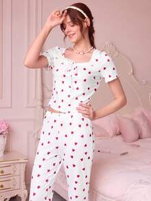 Bonmuse Women's Casual Heart Print Square Neck Tight Top And Flare Pants Pajama Set Cute Lounge Set Summer Lounge Sets Women Women Lounge Sets Heart Pajama Set Pajama Sets For Women Women Lounge Sets - Multicolor - View 4