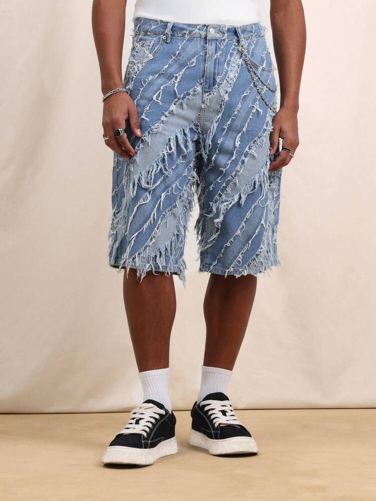 SUMWON Men's Distressed Denim Bermuda Shorts With Frayed Hem Detail And Raw Edge Finish Summer Casual Knee Length Baggy Jean Shorts