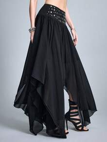 ROMWE Goth Metal Rivet Asymmetric Hem Maxi Skirt - Black - View 5