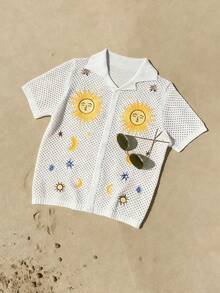 ROMWE MEN Men's Sun Face Embroidery Hollow Out Knitted Cardigan - Apricot - View 7