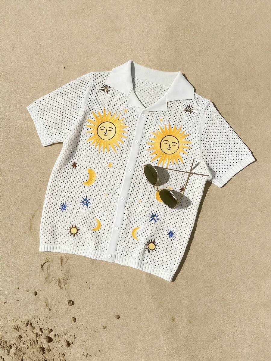 ROMWE MEN Men's Sun Face Embroidery Hollow Out Knitted Cardigan - Apricot - View 1