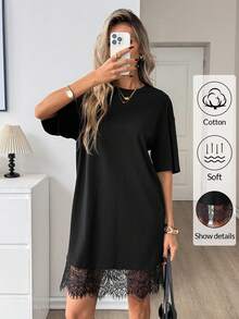 Easowa 圆领短袖宽松黑色T恤连衣裙，撞色蕾丝下摆短裙，纯棉休闲连衣裙，适合日常休闲、浪漫休闲、度假穿着。女士黑色蕾丝边连衣裙，女士黑色纯棉T恤连衣裙，蕾丝边短袖，柔软透气休闲上衣，女士休闲黑色T恤连衣裙，宽松短袖柔软纯棉，优雅蕾丝下摆细节，夏季连衣裙，女士黑色连衣裙 - 黑色 - 查看 4