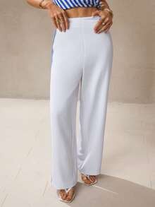 NOVVYNE 女士优雅条纹拼接直筒阔腿裤 - 白色 - 查看 6