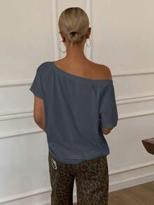 DAZY Women's Off-Shoulder Short Sleeve T-Shirt Summer - Grey - View 4