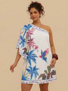 Travachic Plus Size Casual Asymmetric Neck Tropical Botanical Print Mini Dress, Navy Blue, Suitable For Summer & Autumn - Apricot - View 1