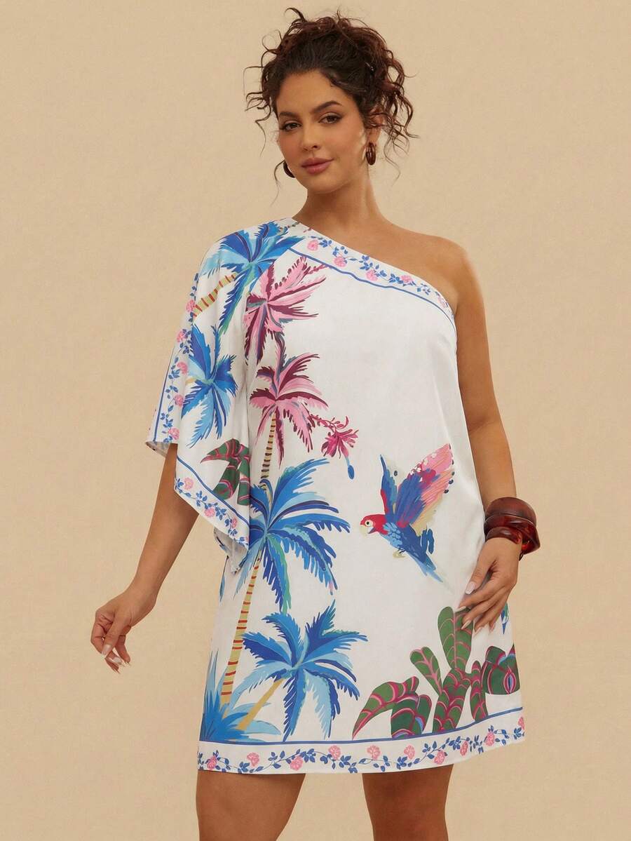 Travachic Plus Size Casual Asymmetric Neck Tropical Botanical Print Mini Dress, Navy Blue, Suitable For Summer & Autumn - Apricot - View 1