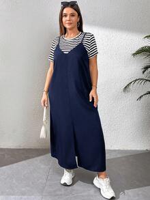 SHEIN Essnce Terno casual feminino plus size, vestido de duas peças, duas peças feminino, terno de verão, roupas para shows, roupas para sair, roupa para shows country de verão - Azul marinho - Ver 4