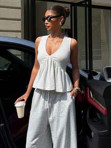 Muchica 女士V领无袖上衣和裤子套装，夏季新品 - 灰色 - 查看 3