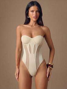 SHEIN BAE Bộ đồ liền thân màu đen gợi cảm, xuyên thấu, phối lưới, bất đối xứng, không dây đeo vai, thích hợp cho mùa thu/đông, Giáng sinh, Halloween, Ngày của người chết. - Màu be - Xem 4