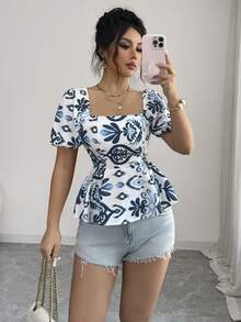 SHEIN Elenzya Women's White And Blue Floral Square Collar Puff Sleeve Waist Cinched A-Line Blouse,Elegant Summer Tea Party French Retro Short Sleeve Fashion Top - Multicolor - View 3