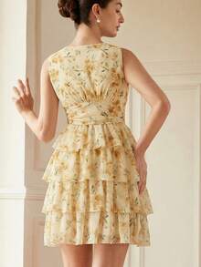 BELROSIE French Retro Elegant V-Neck Sleeveless Ruched Waist Multilayer Ruffled Contrast Color Floral Print Chiffon Mini Dress For Women - Yellow - View 2