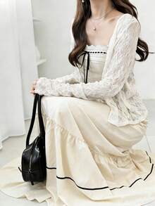 FRIFUL Women's Spaghetti Strap Lace Patchwork Bow Tie Front A-Line Dress, Vacation Style Maxi Dress - White - View 1