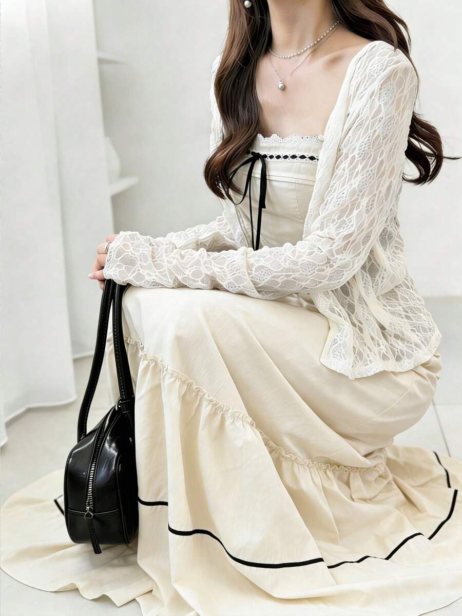 FRIFUL Women's Spaghetti Strap Lace Patchwork Bow Tie Front A-Line Dress, Vacation Style Maxi Dress - White - View 1